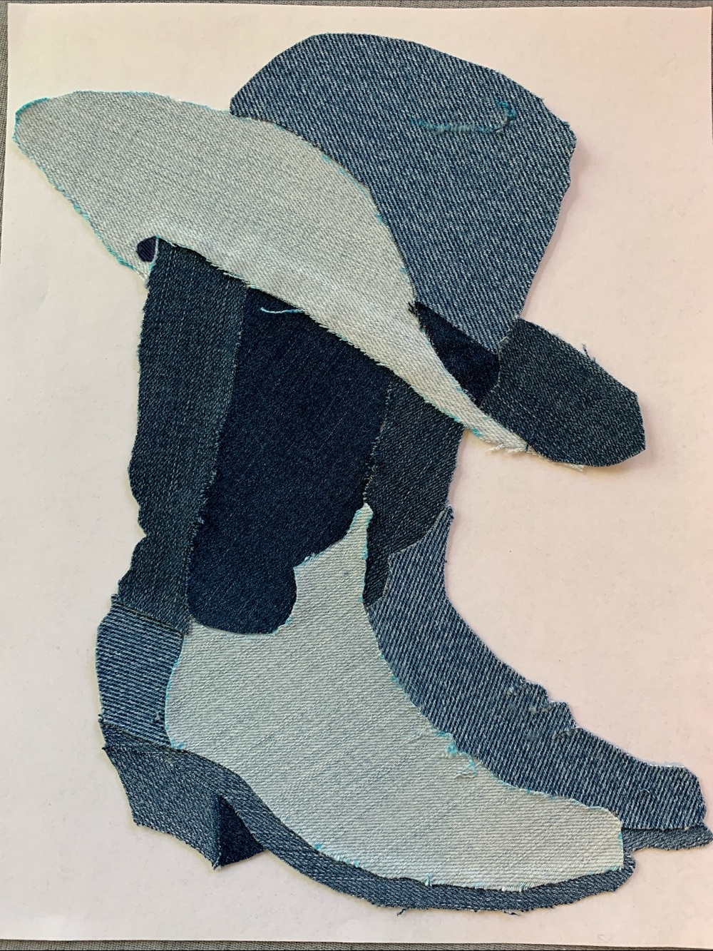 Western Hat & Boots Patchwork Hand Cut Handmade Denim Design Iron-On
